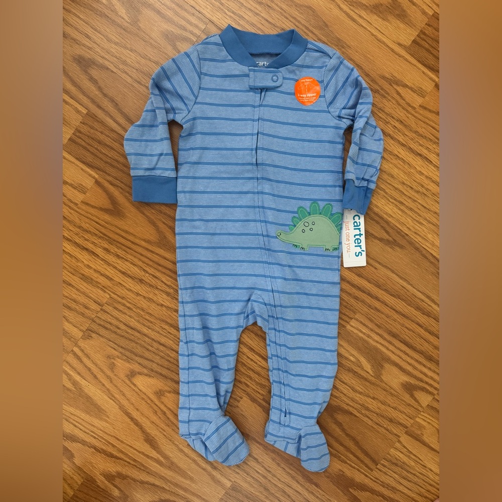 Carter's Blue Striped Footie with Dinosaur NWT